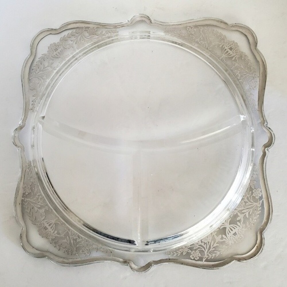 Vintage Imperial Glass Art Deco Silver Overlay Grill Plate Dish Roses & Urn - Picture 5 of 7